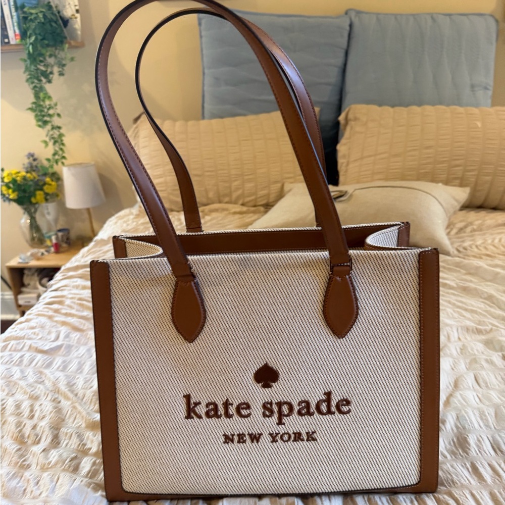 kate spade Cream Canvas Tote with Brown Leather Trim